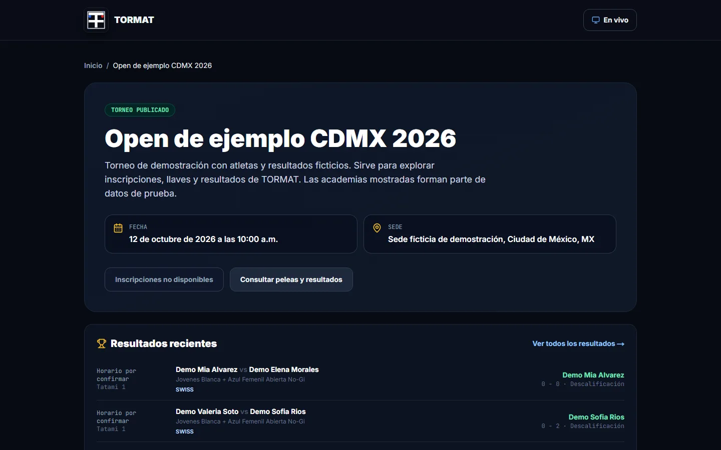 Página pública del Open de ejemplo CDMX 2026